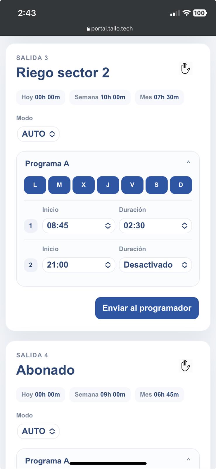 Aplicación web TALLO para programación y control del riego